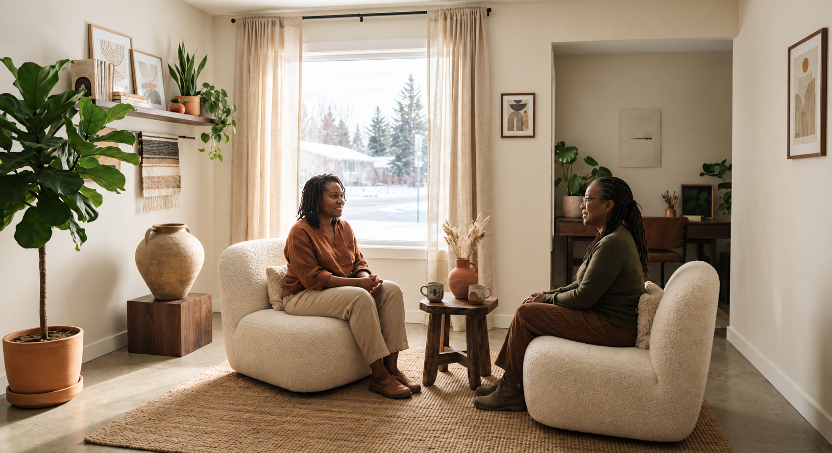Two people seated in a sunlit therapy room with linen curtains and plants.